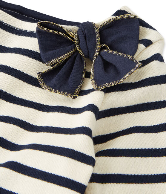 Girl's striped dual fabric dress COQUILLE beige/SMOKING blue