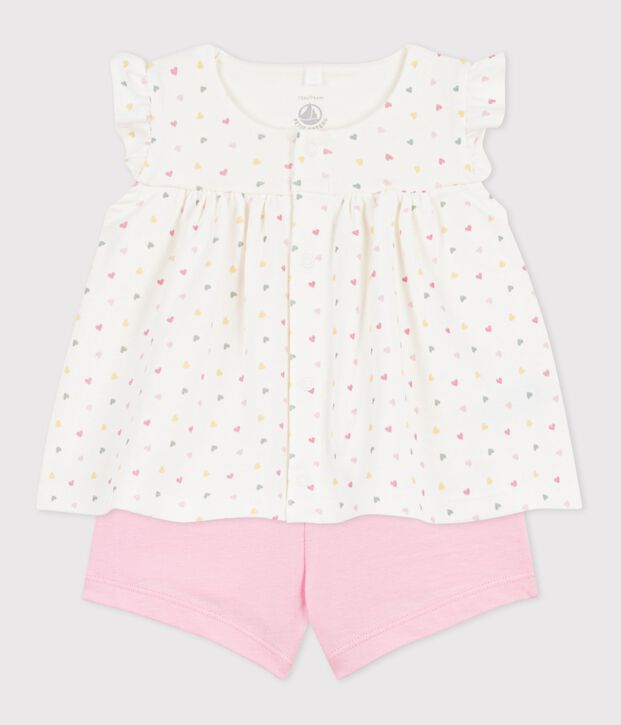 Babies' 2-piece outfit in cotton printed with mini hearts white/multicolor