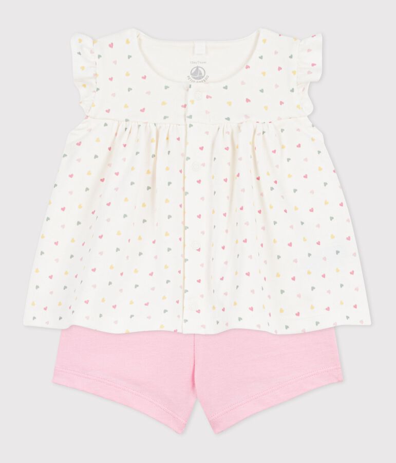 Babies' 2-piece outfit in cotton printed with mini hearts MARSHMALLOW white/MULTICO white
