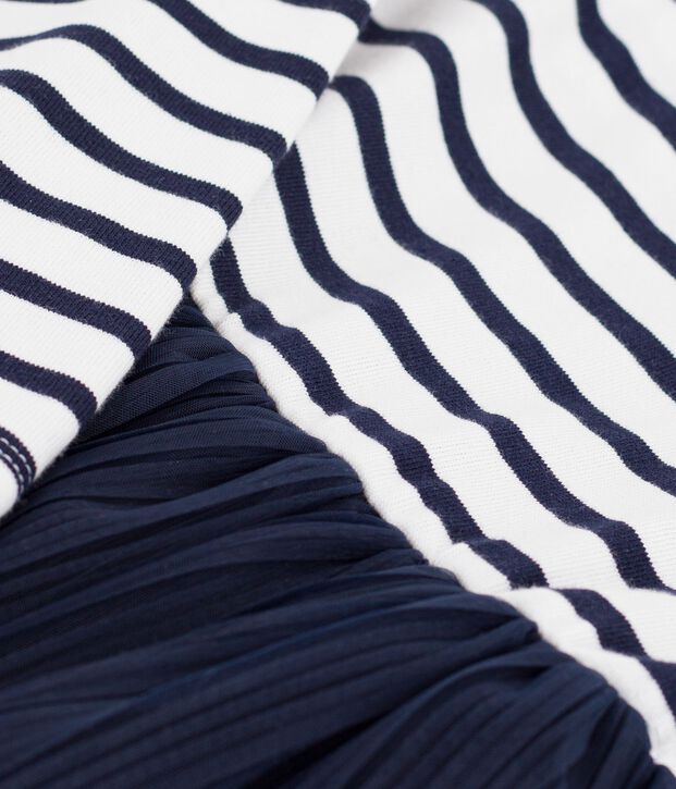 Children's long-sleeved stripy cotton and tulle dress white/blue
