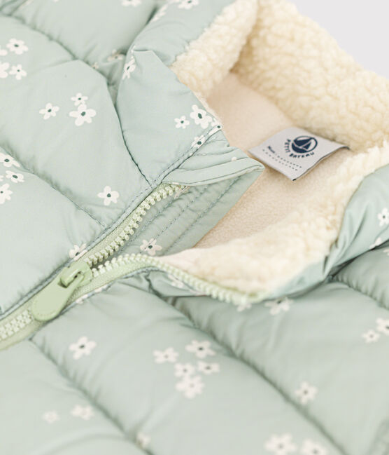 Babies' printed  puffer jacket with a retractable hood HERBIER green/MULTICO white