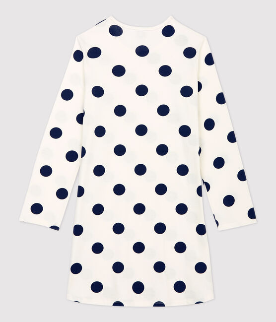 Girls' Dot Pattern Organic Cotton Nightdress MARSHMALLOW white/MEDIEVAL blue