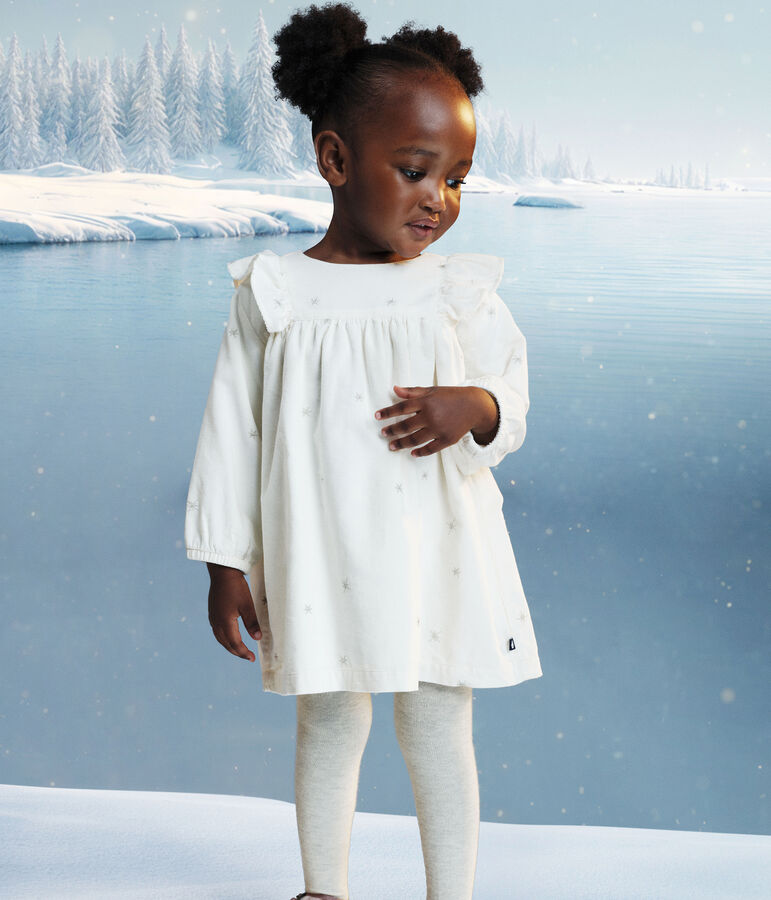 Babies' long-sleeved embroidered corduroy dress Ecru/grey
