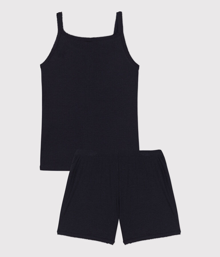 Women's Plain Cotton and Lyocell Short Pyjamas with Straps blue