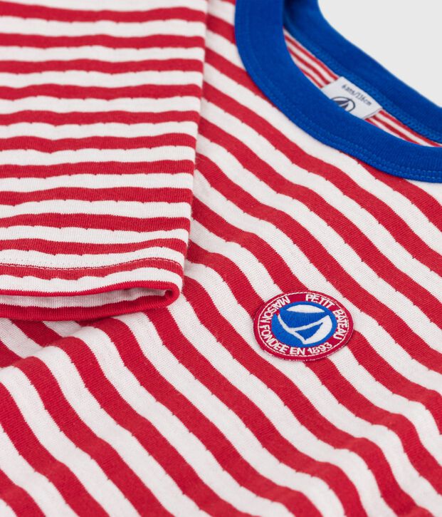 Children's long-sleeved stripy cotton T-shirt red/ecru