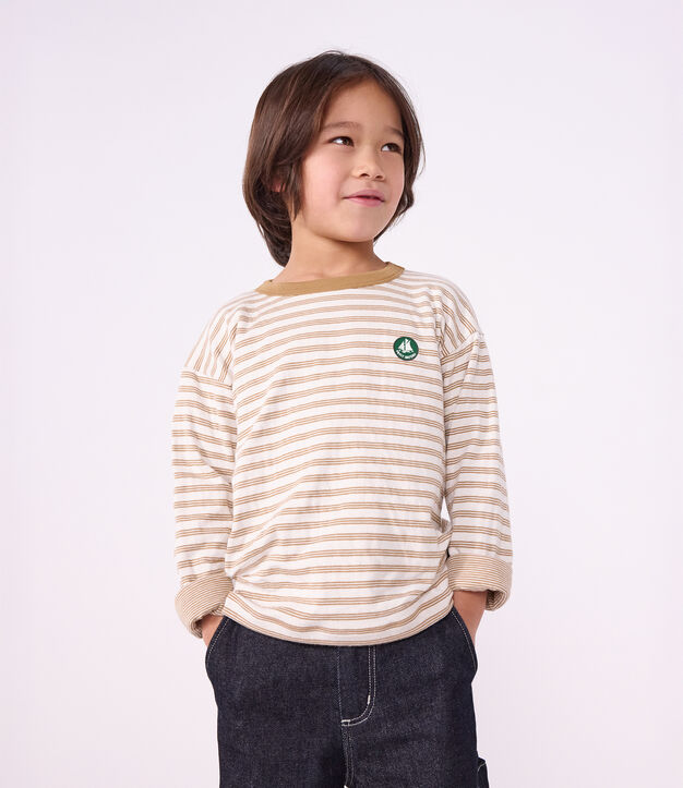 Children's long-sleeved stripy T-shirt beige/ecru/beige