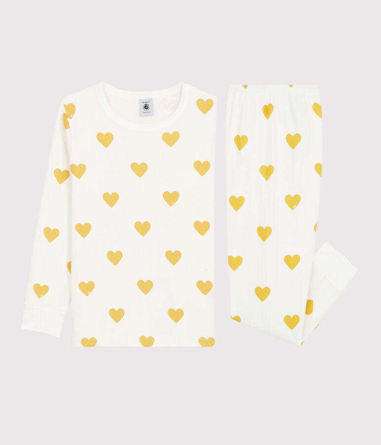 Unisex Graphic Yellow Heart Print Organic Cotton Tube Knit Pyjamas white/yellow