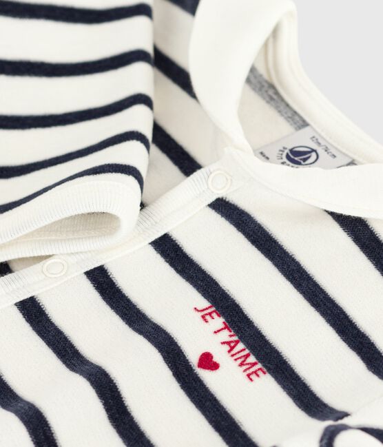 Babies' stripy velour pyjama suit MARSHMALLOW white/SMOKING blue