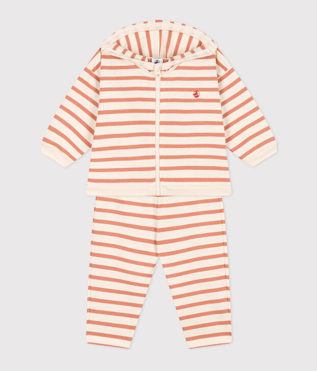 Babies' Thick Stripy Jersey Breton Outfit Ecru/pink