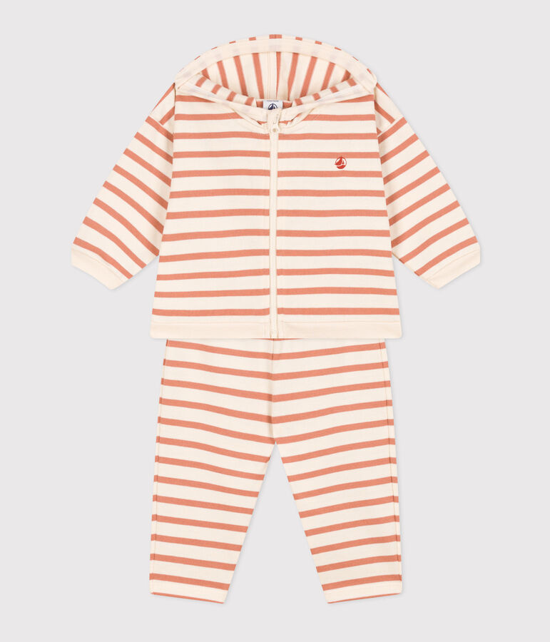Babies' Thick Stripy Jersey Breton Outfit Ecru/pink