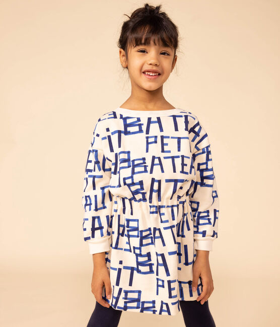 Girls' long-sleeved printed dress in brushed fleece. AVALANCHE white/MULTICO