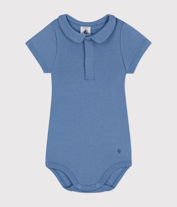 Babies' Short-Sleeved Cotton Bodysuit with Peter Pan Collar blue
