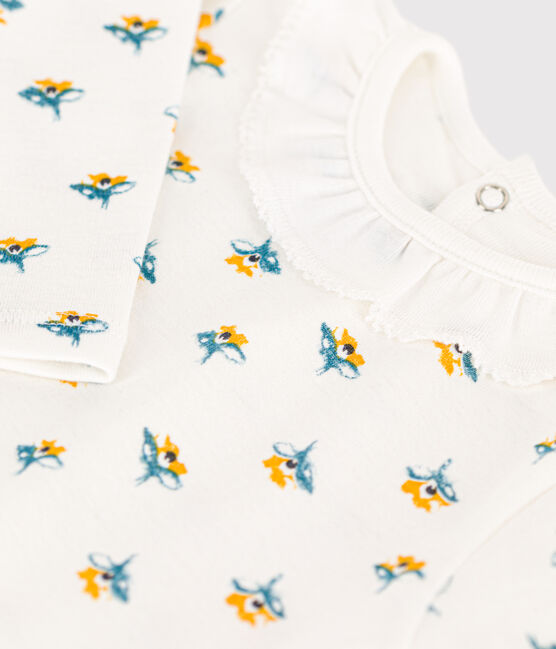 Babies' Long-Sleeved Patterned Cotton Bodysuit With Ruff Collar MARSHMALLOW white/MULTICO white