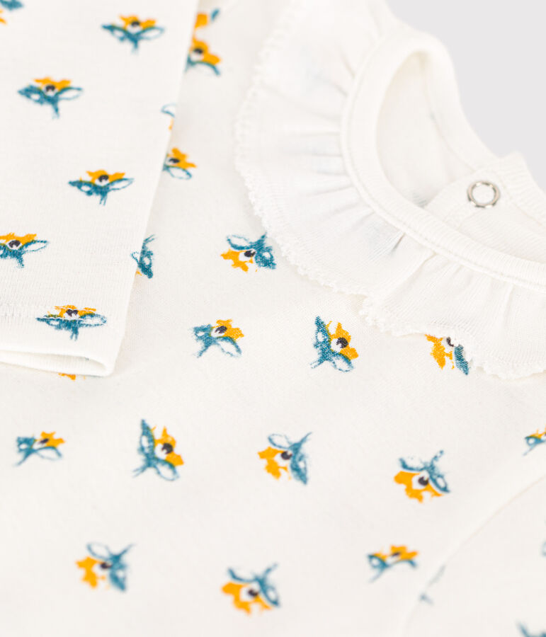 Babies' Long-Sleeved Patterned Cotton Bodysuit With Ruff Collar white/multicolor