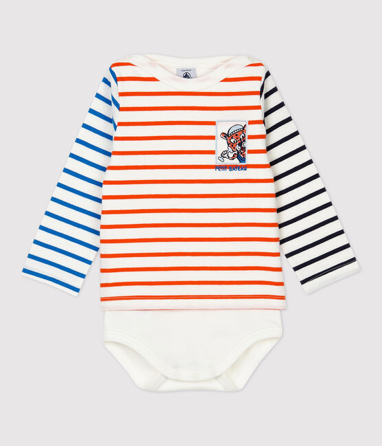 Babies' Cotton Striped Bodysuit MARSHMALLOW white/CAROTTE