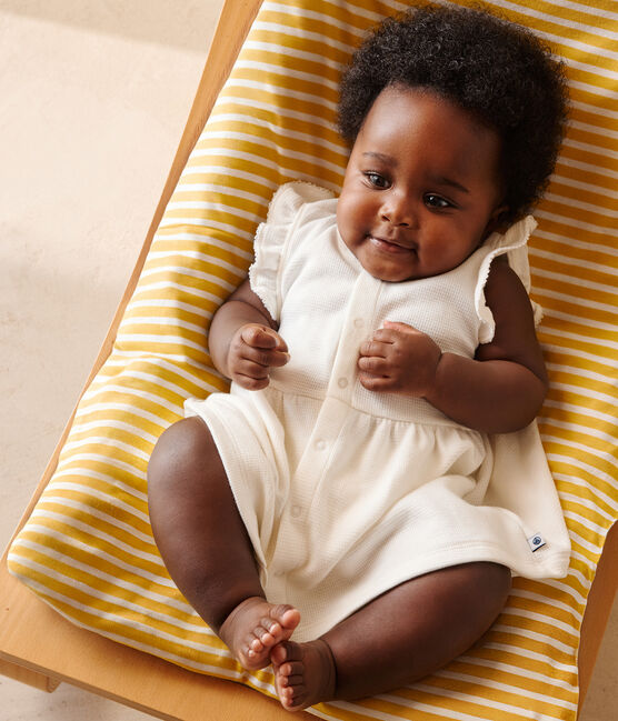 Babies' short-sleeved white honeycomb dress and bloomers MARSHMALLOW white
