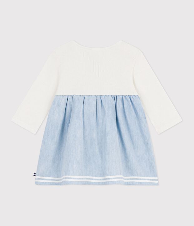 Babies' long-sleeved dress in two materials, cotton and chambray Ecru/multicolor