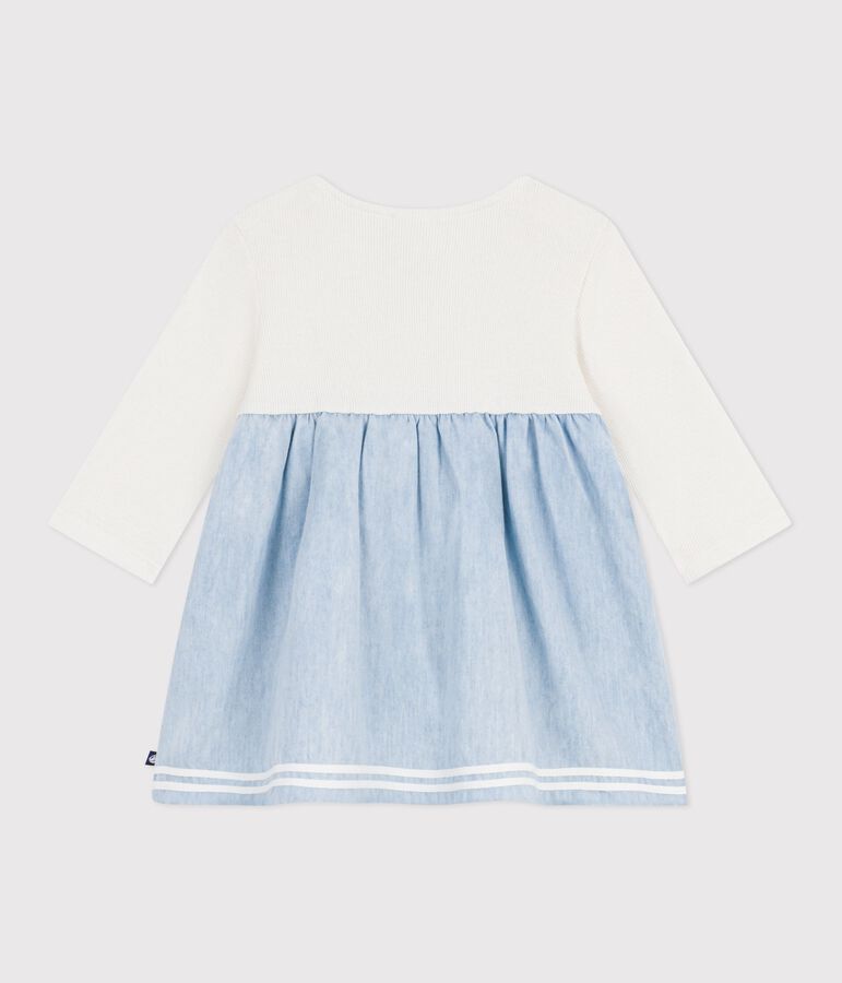Babies' long-sleeved dress in two materials, cotton and chambray Ecru/multicolor