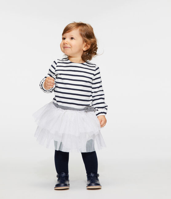 Baby Girls' Long-Sleeved Striped Dress MARSHMALLOW white/SMOKING blue