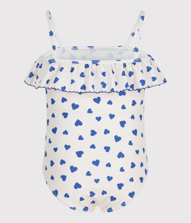 Children's one-piece heart print ruffled swimsuit. white/blue