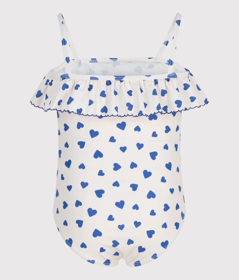 Children's one-piece heart print ruffled swimsuit. white/blue