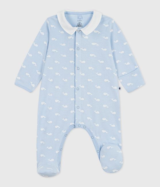 Babies' whale print cotton pyjama suit with a collar TOUDOU blue/MARSHMALLOW white