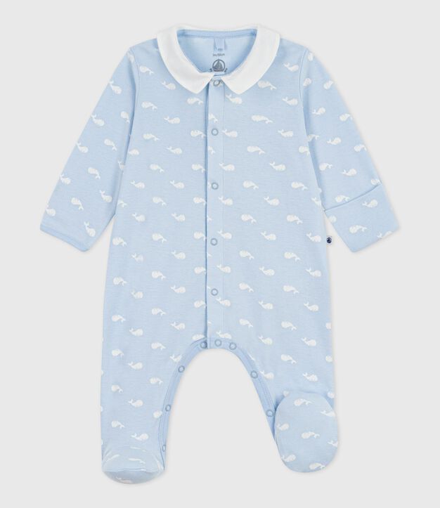 Babies' whale print cotton pyjama suit with a collar blue/white