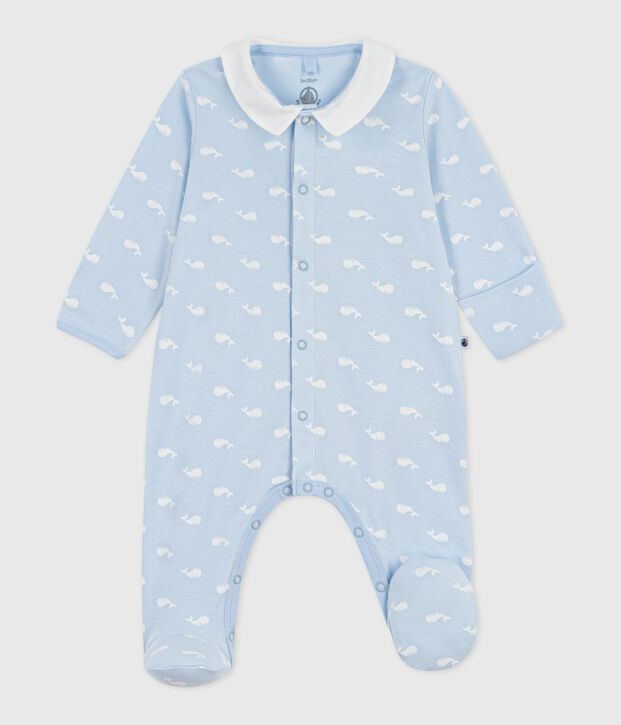 Babies' whale print cotton pyjama suit with a collar blue/white