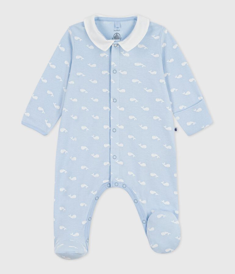 Babies' whale print cotton pyjama suit with a collar blue/white