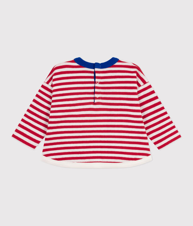 Babies' long-sleeved stripy cotton T-Shirt red/ecru