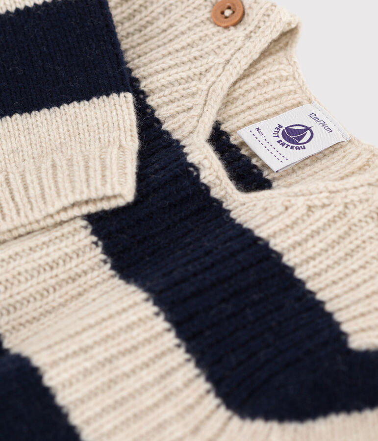 Wool knit and cotton jumper for baby Ecru/blue