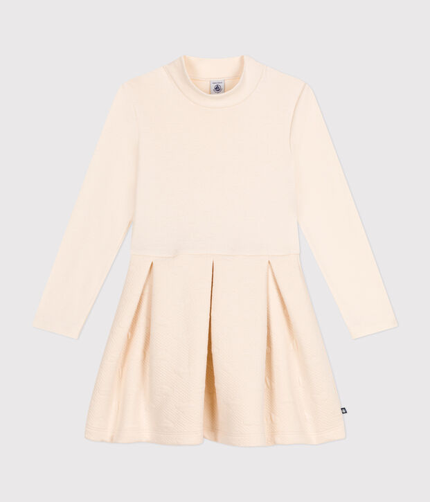 Girls' long-sleeved dress in two materials Ecru