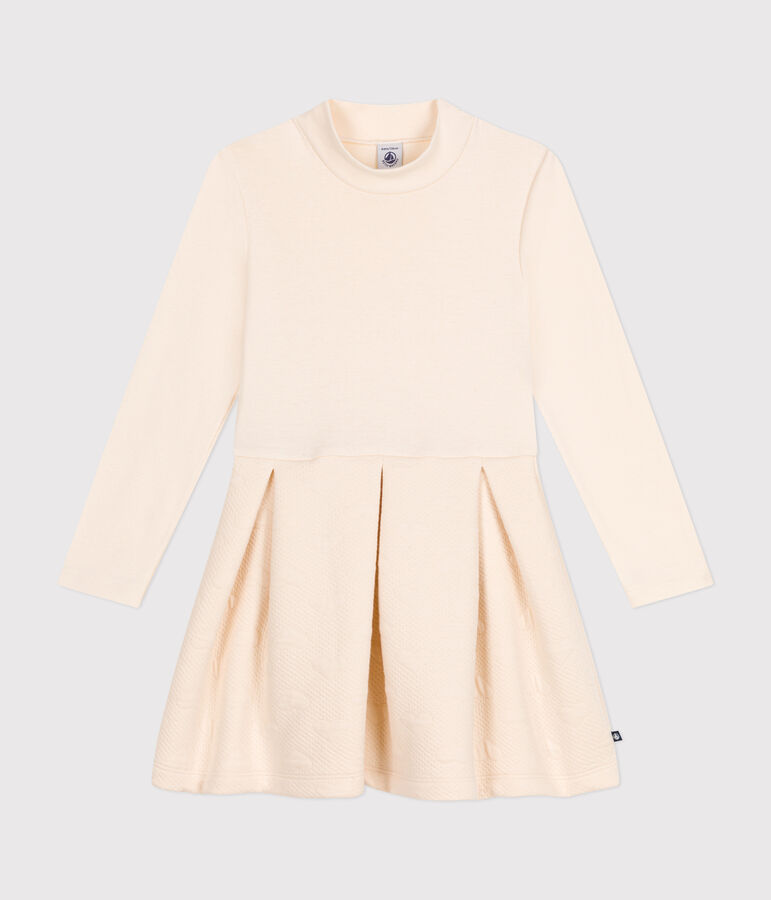 Girls' long-sleeved dress in two materials AVALANCHE Ecru