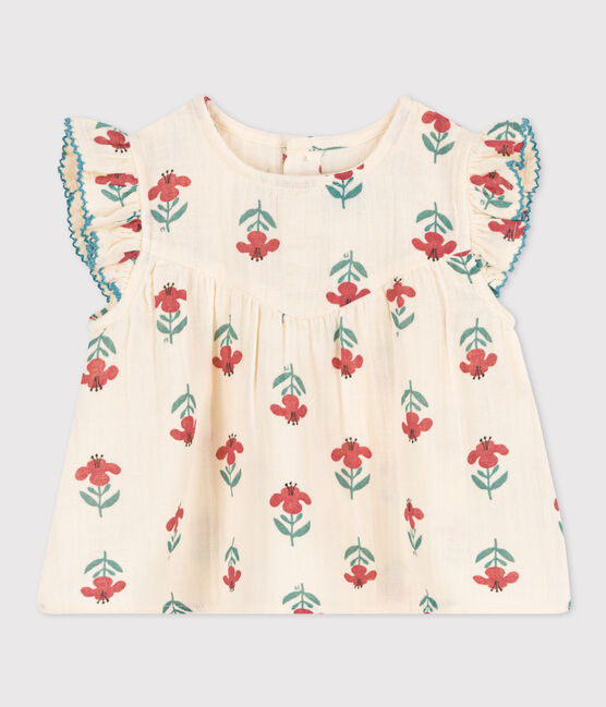Babies' Short-Sleeved Patterned Cotton Gauze Blouse AVALANCHE white/MULTICO