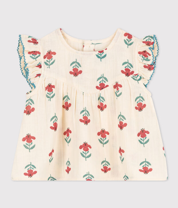 Babies' Short-Sleeved Patterned Cotton Gauze Blouse Ecru/multicolor