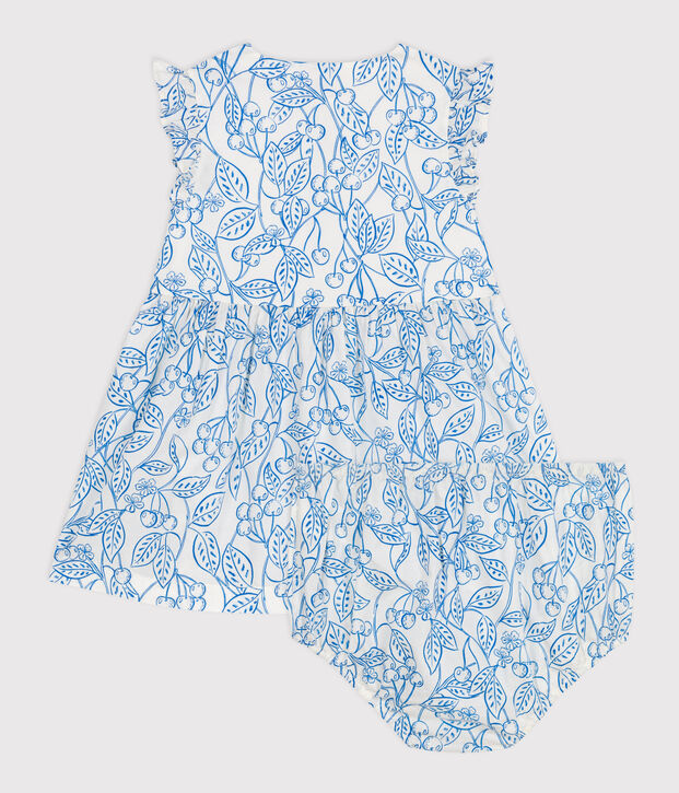 Babies' cotton dress and bloomers with a blue cherry print blue/blue