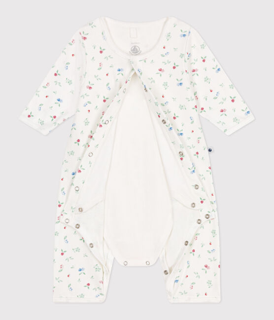 Babies' footless fruit pattern cotton bodyjama MARSHMALLOW white/MULTICO white