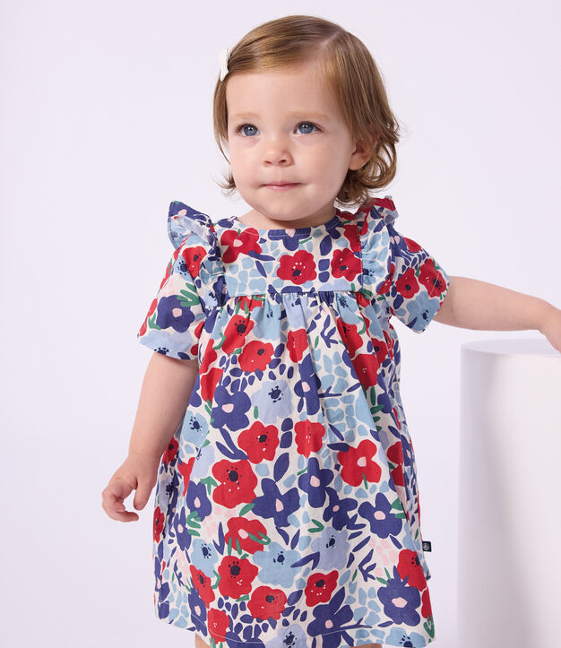 Babies' short-sleeved cotton dress and matching bloomers printed with hearts white/multicolor