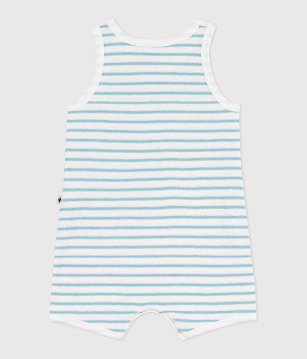 Babies' sleeveless short jumpsuit in stripy cotton terry towelling white/green