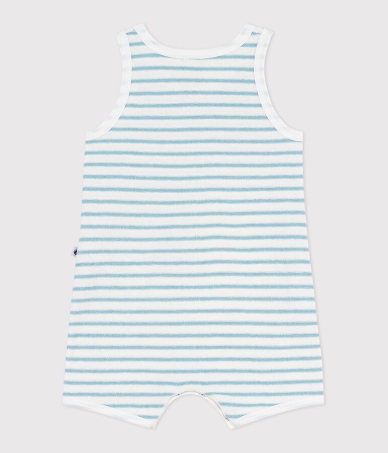 Babies' sleeveless short jumpsuit in stripy cotton terry towelling MARSHMALLOW /MIMI
