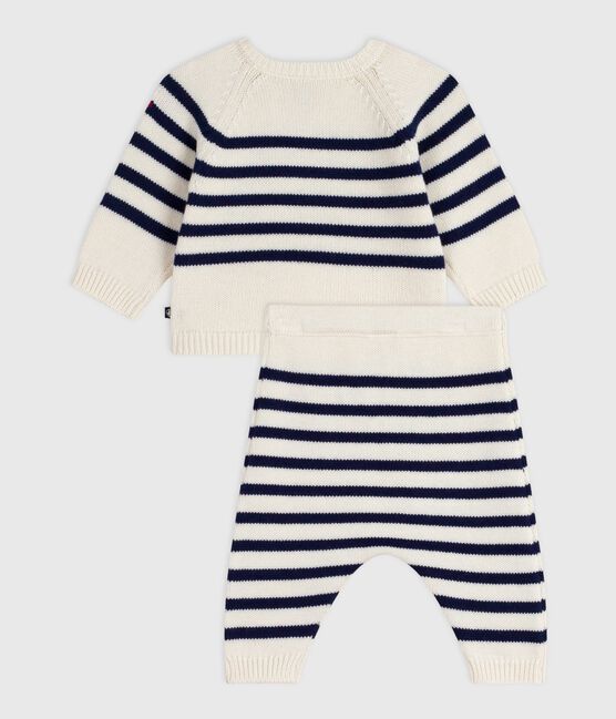 Babies' 2-piece stripy knit Breton top outfit MARSHMALLOW blue/SOIR