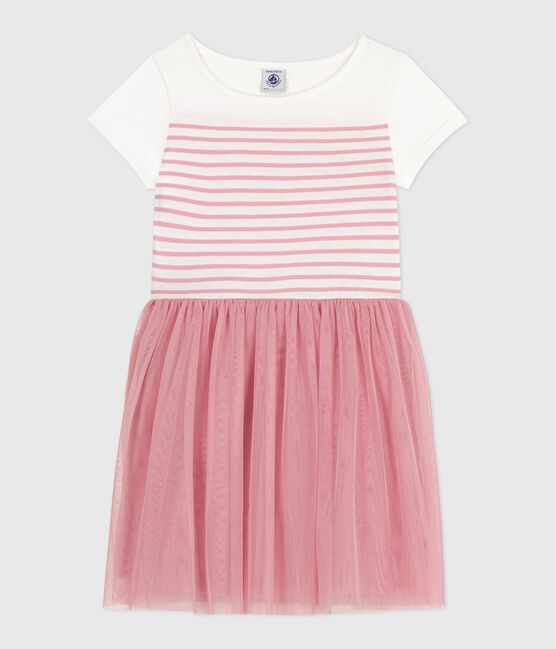 Children's short-sleeved cotton and tulle dress MARSHMALLOW white/CHARME pink