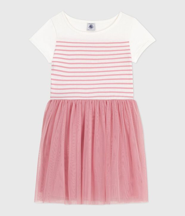 Children's short-sleeved cotton and tulle dress white/pink