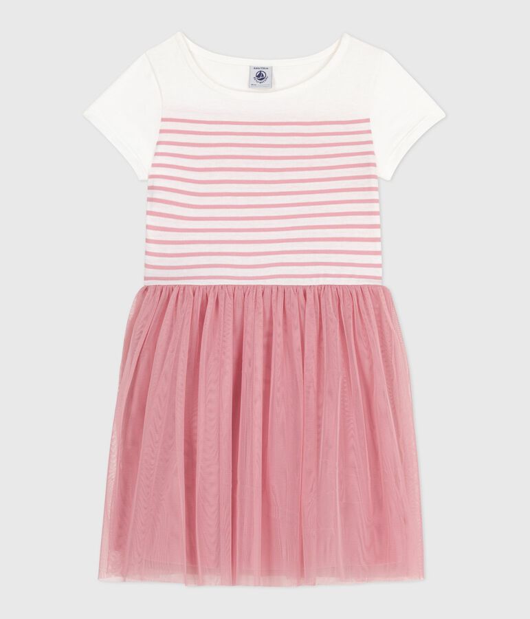 Children's short-sleeved cotton and tulle dress white/pink