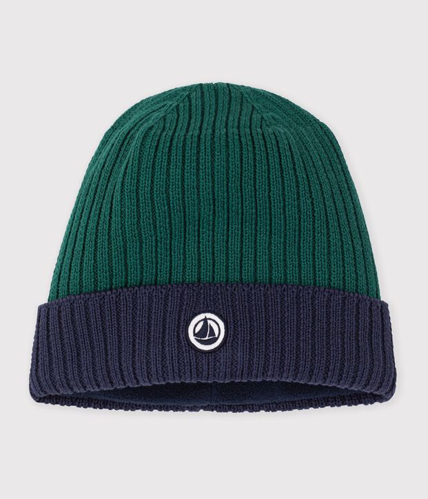 Children's two-colour knitted beanie with a fleece lining green/blue