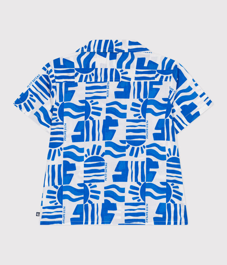 Children's short-sleeved printed cotton shirt MARSHMALLOW blue/PORCELANA