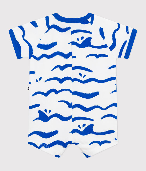 Babies' short-sleeved shark print cotton playsuit blue/blue