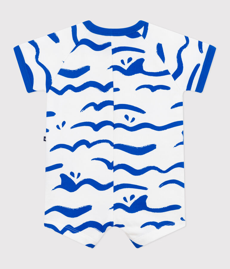 Babies' short-sleeved shark print cotton playsuit MARSHMALLOW blue/PORCELANA