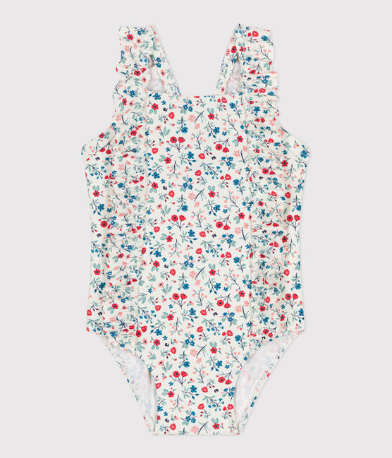 Babies' one-piece swimsuit with frills and a floral print. MARSHMALLOW white/MULTICO white
