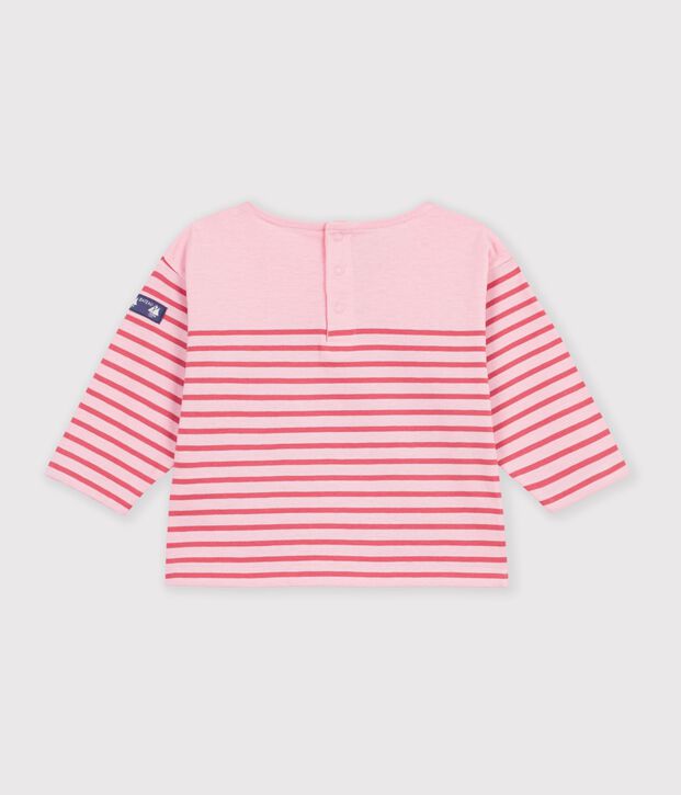 Babies' long-sleeved stripy cotton T-shirt. pink/pink